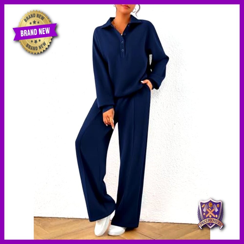 Quarter Button Sweatshirt Wide Leg Pants Lounge Set Tracksuit Cozy Chic - Picture 6 of 7